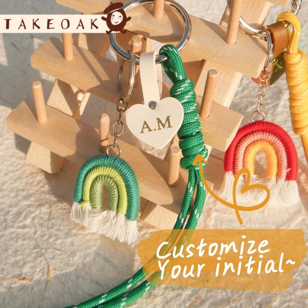 Monogram Keychain Leather - Custom Initial Heart Leather Tag Macrame