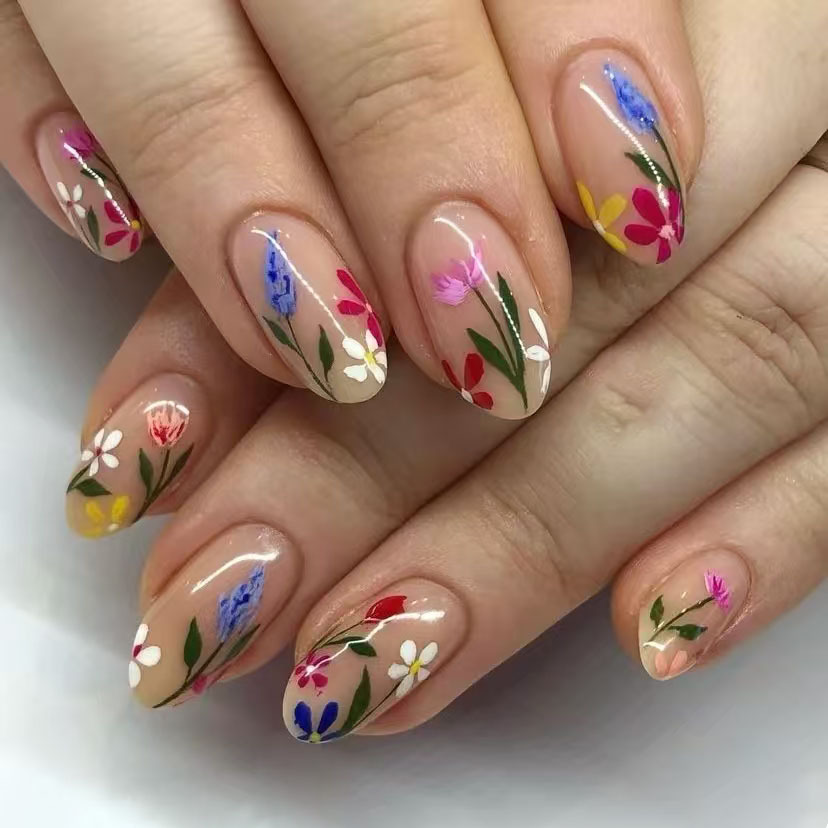 Pressed Flower Art - 24Pcs Simple Almond Nails Tips Fresh