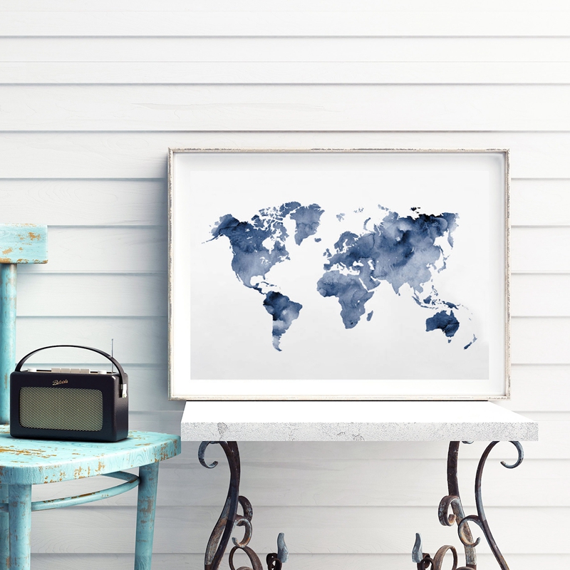 Blue World Map Print Navy Map  - Custom Star Map ulasan dan harga