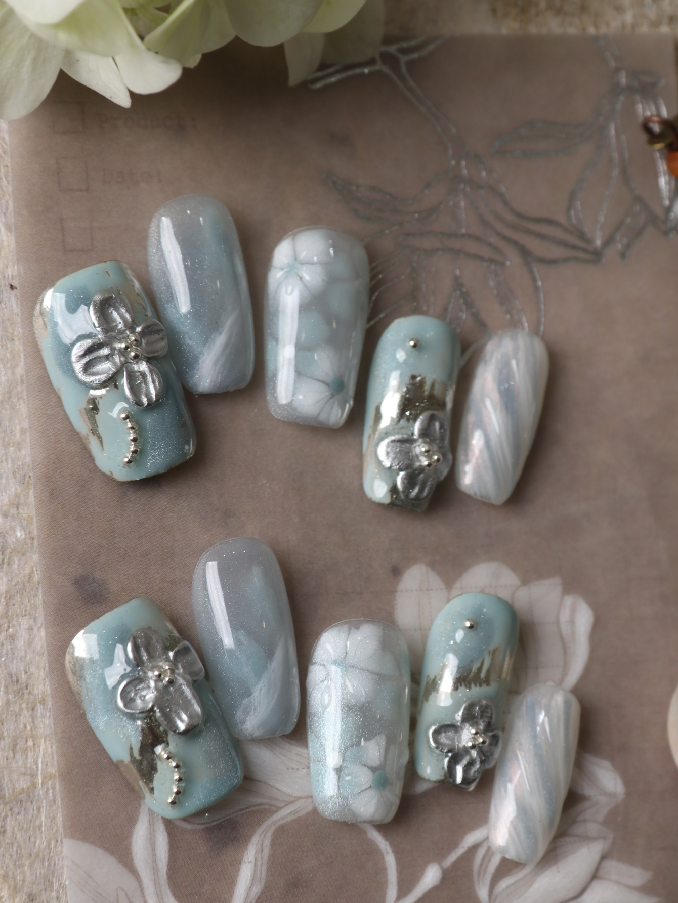 10Pcs Press on Nails Blue Whit - Pressed Flower Art ulasan dan harga