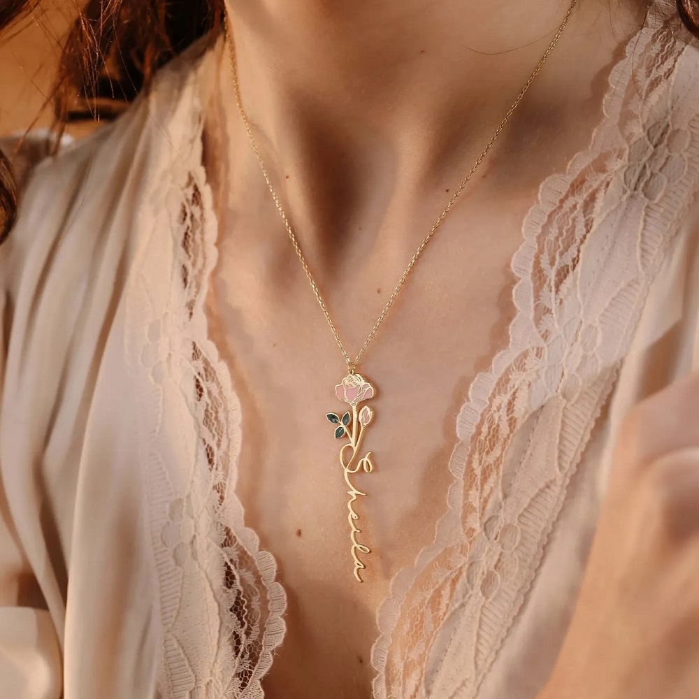 Personalized Name Necklace Wit - Birth Flower Necklace ulasan dan harga
